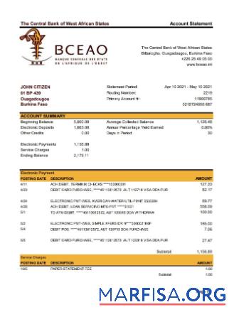 Realistic Burkina Faso The Central Bank of West African States bank statement excel real example